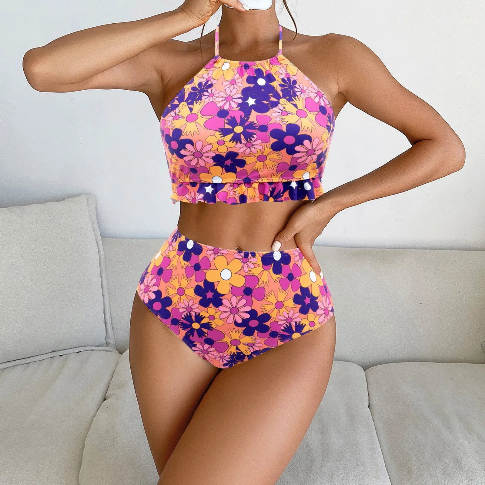 

Trendy Bikinis Women'S Personality Stylish Comfortable Big Breast Wrap Swim Suit Two Pieces Printed Splicing Swimsuit For Summer
