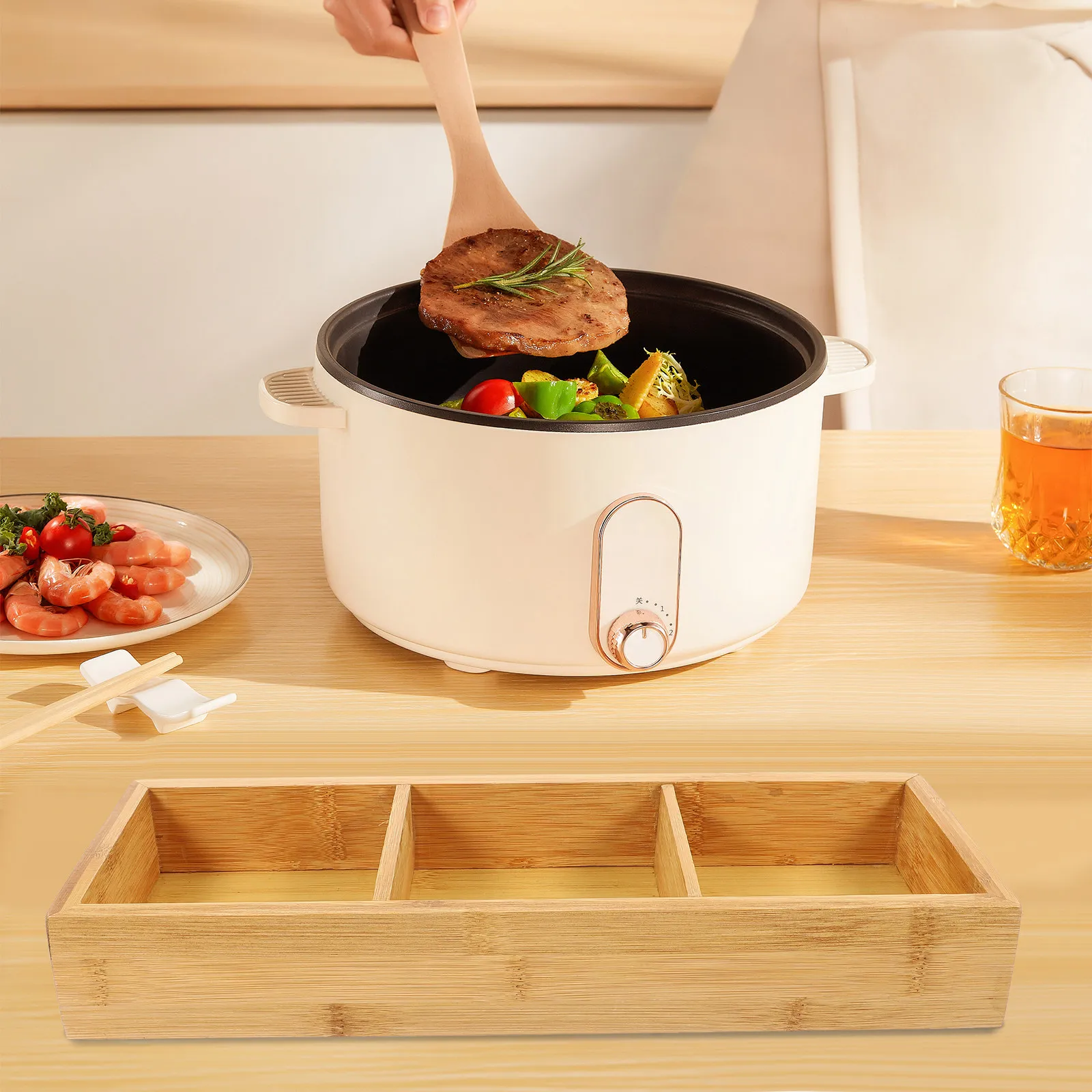Bamboo Divided Food Plate Multi-Grid Tray Stacking Storage Waterproof Vegetable Fruit Dish Restaurant Household Serving Dish
