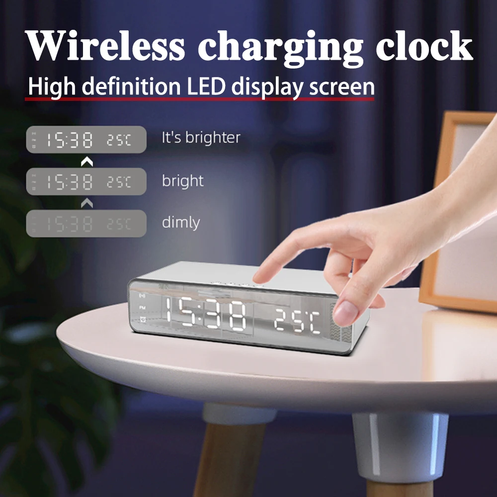 Multifunctional Wireless Charging Desktop Time Clock, Mirror LED Digital Display, Mobile Phone Wireless Charging Thermometer