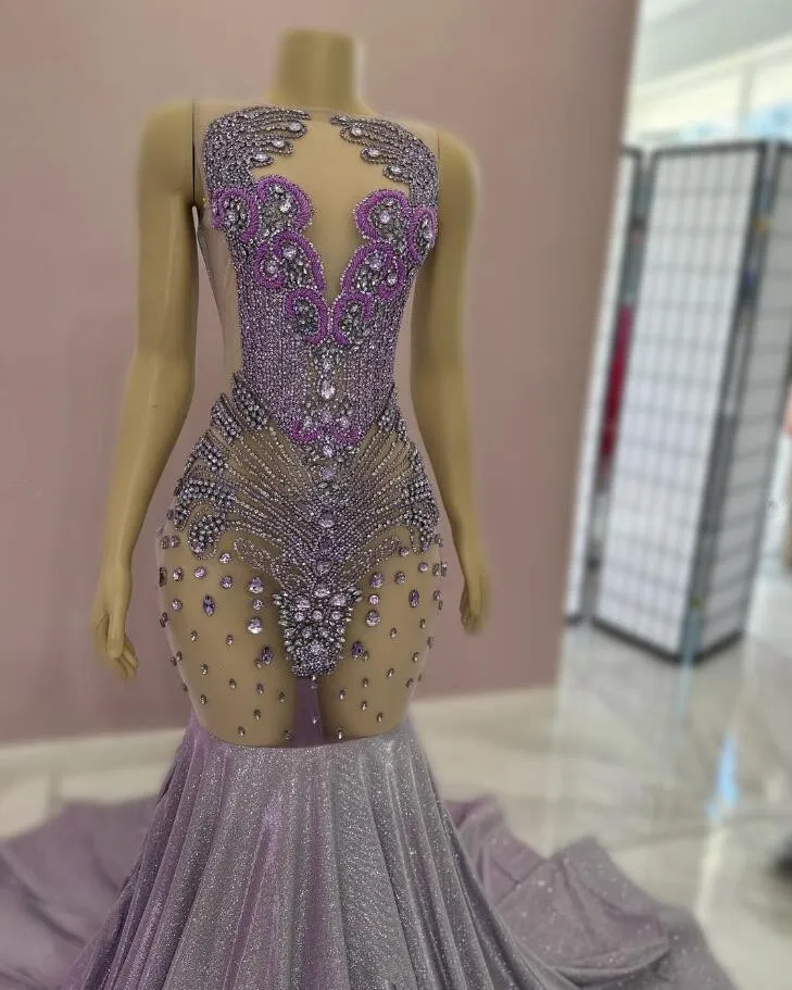 Lilac Purple Sparkly Prom Birthday Dresses for Black Girl Luxury Diamond Gillter See Thgouth Evening Gala Formal Dress 2024