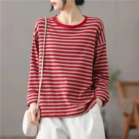 Cotton Striped T-shirt Women\'s Long Sleeved Top Loose Thin Small Shirt Versatile High-end T-shirt Base Shirt