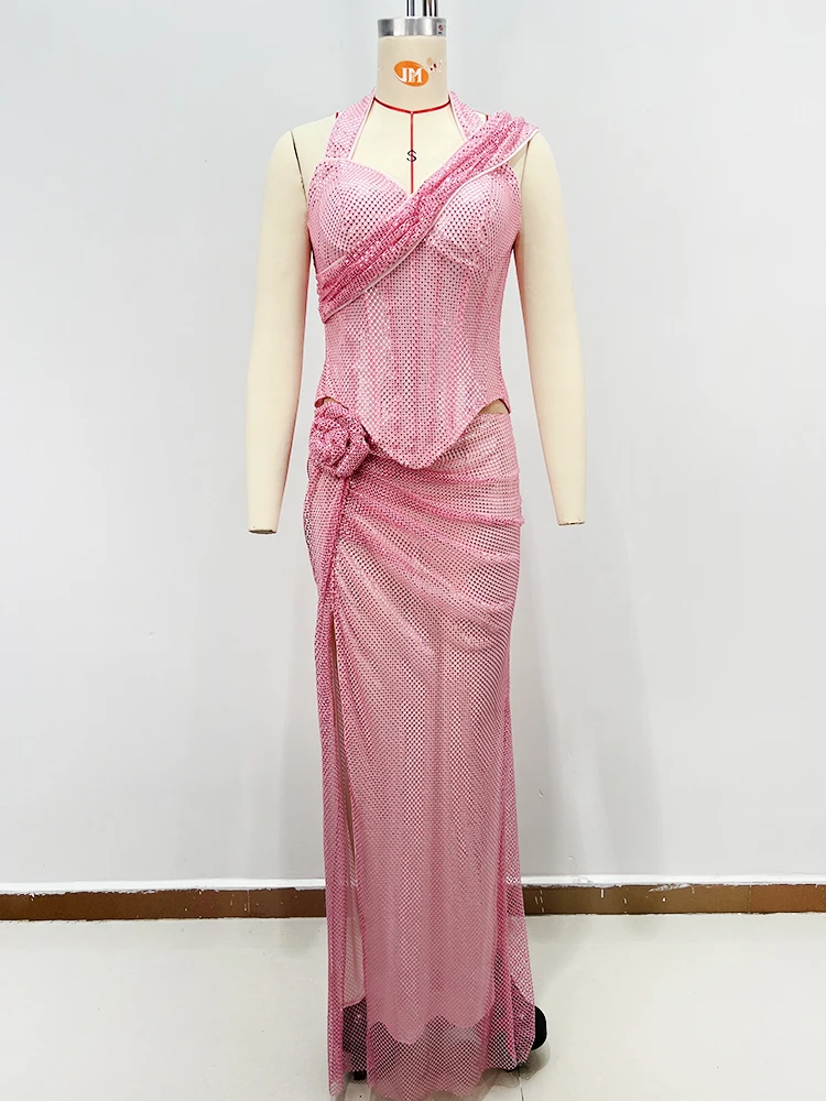 Vestidos longos de sereia com fenda alta rosa – vestido maxi drapeado com decote em V profundo e detalhe de flor 3D elegante vestido de festa de baile de casamento