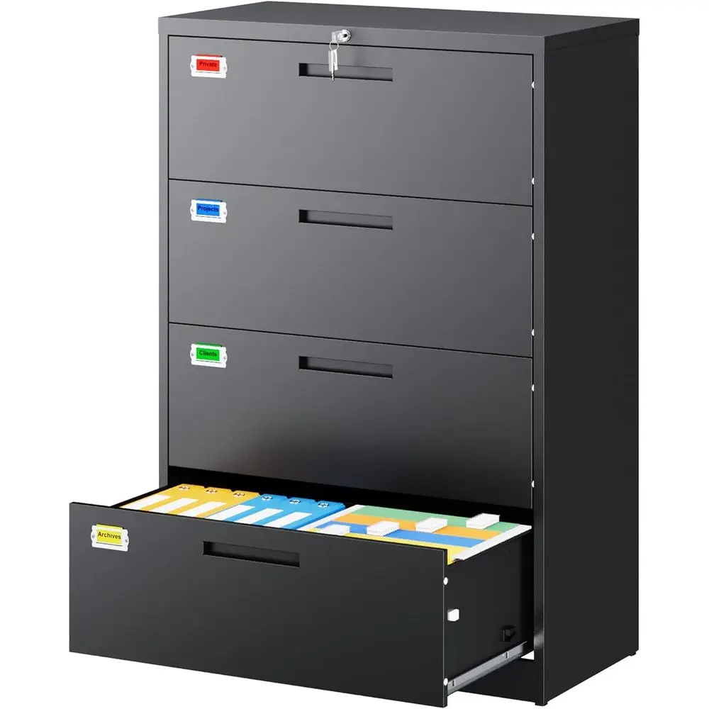 

4-Drawer Cabinet with Lateral Filing, Lockable Storage, Hanging Files for Legal/Letter A4 Sizes (Assembly Required, Black)