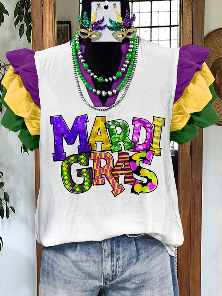 Classic Mardi Gras Print Fly Sleeve Blouse