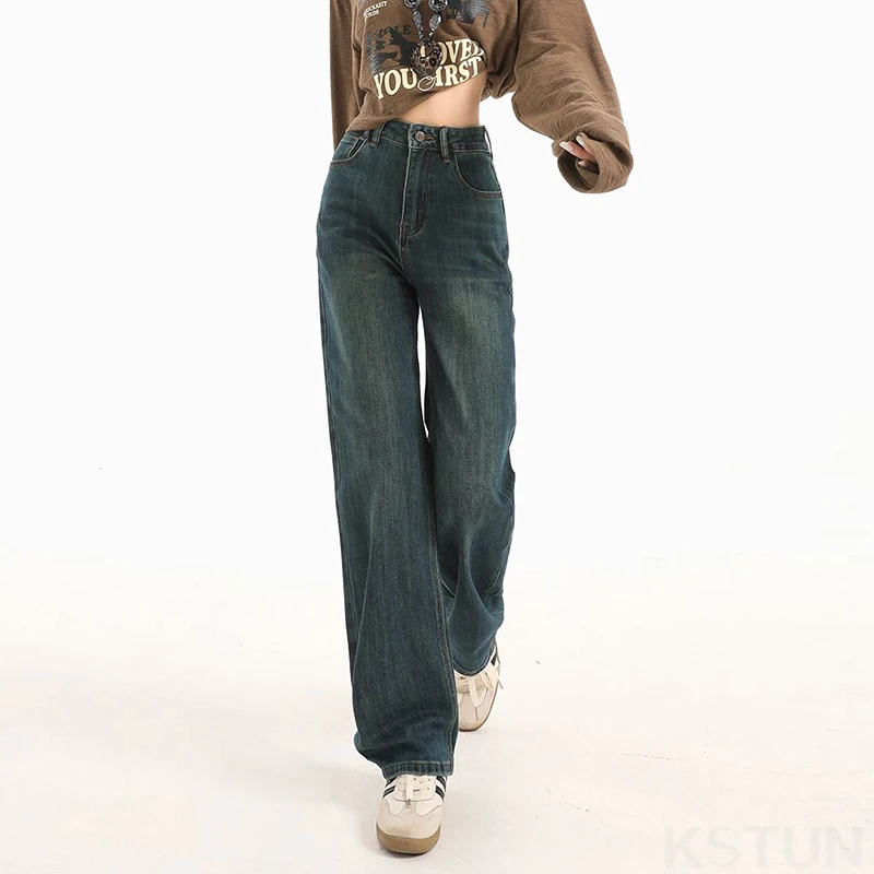 KSTUN 여성용 기본 백진 청바지 하이 웨이스트 스트레치 스트레이트 컷 빈티지 블루 캐주얼 여성 풀 렝스 바지 편안함