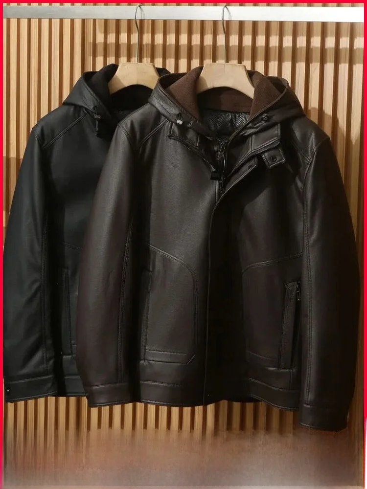 

Мужская высококачественная кожаная куртка-пуховик со съемным капюшоном, на молнии, ветрозащитная, с 3D-дизайном, теплая, повседневная, модная зимняя верхняя одежда