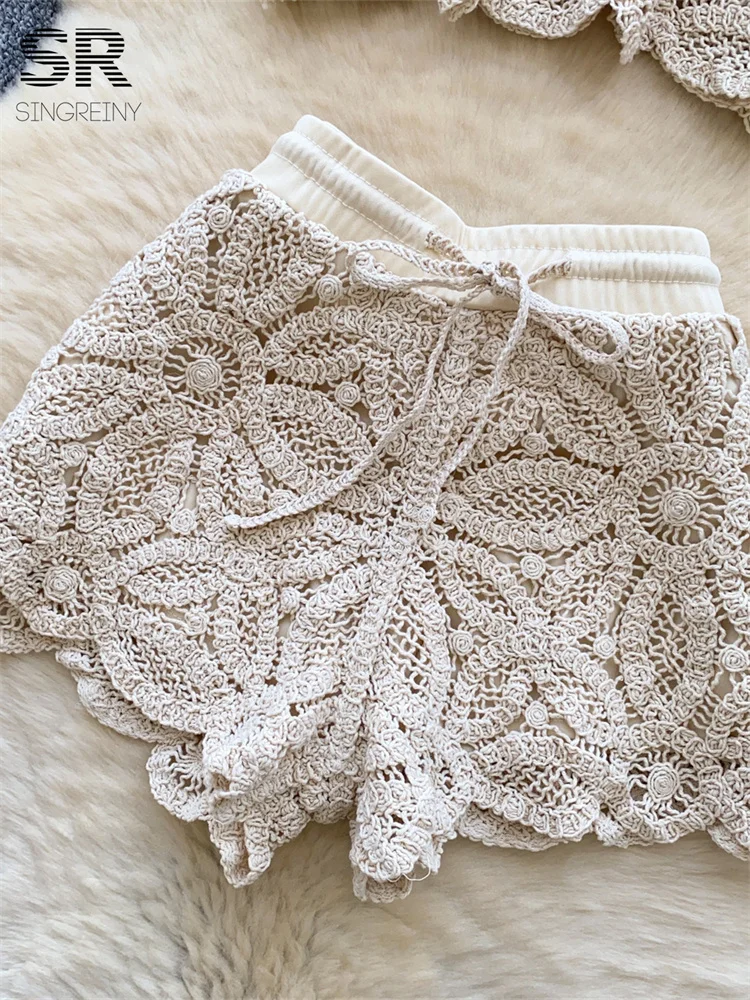 SINGREINY 2026 Knit Vacation Two Piece Sets Women Summer Hook Flower Hollow Crop Tops+Wide Leg Shorts Y2K Beach Style Chic Suits - Image 5
