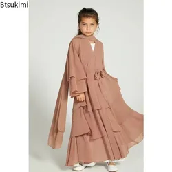 2024 Eid Muslim Kids Abaya Girls Chiffon Dress Fashion Solid Long Kaftan Robe Arab Islamic Clothing for Child Modest Prayer Gown