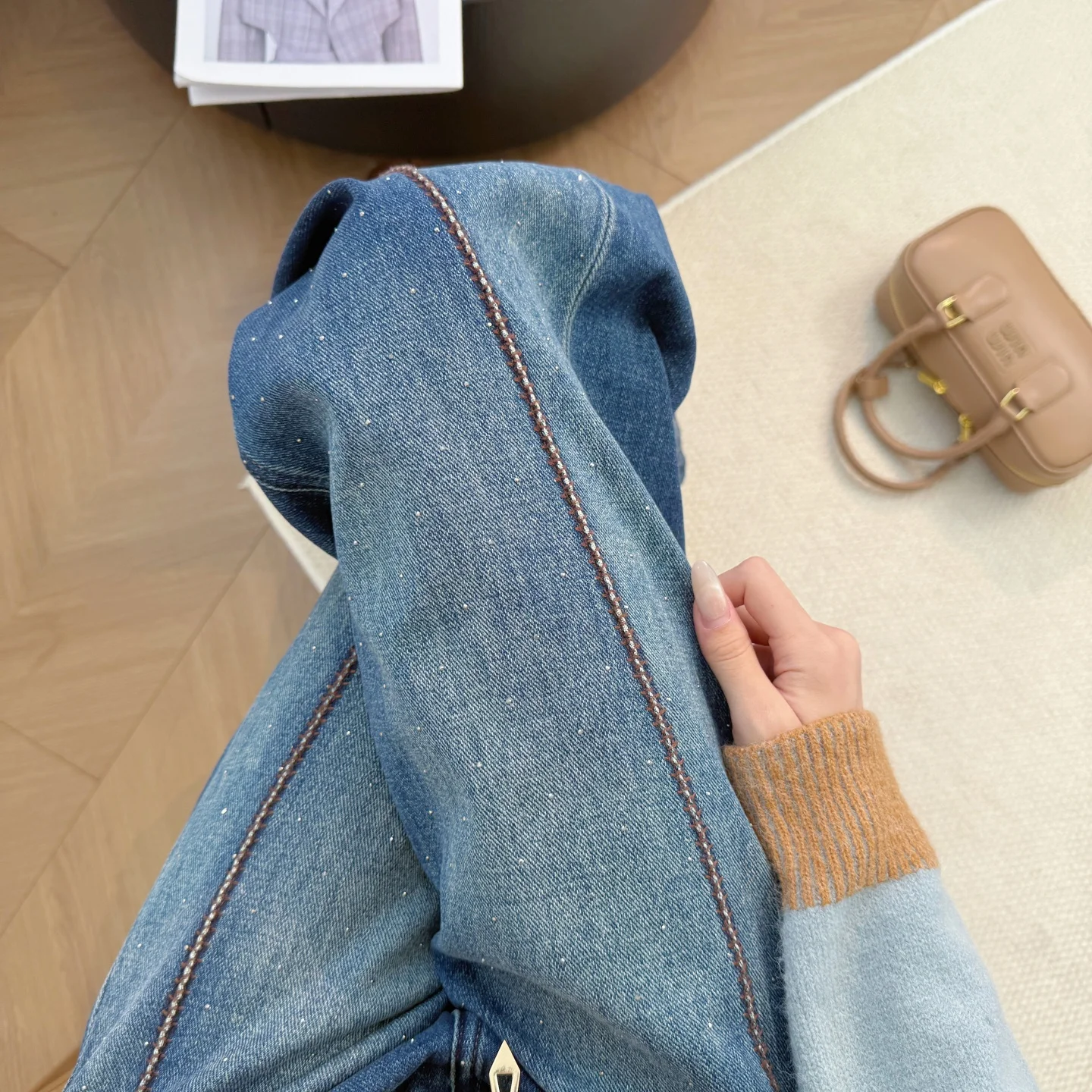 

Women's High Waist Slimming Wide Leg Denim Jeans Spring Autumn Waed Diamond Embellied Bright Stitch Straight Tube Long Pants