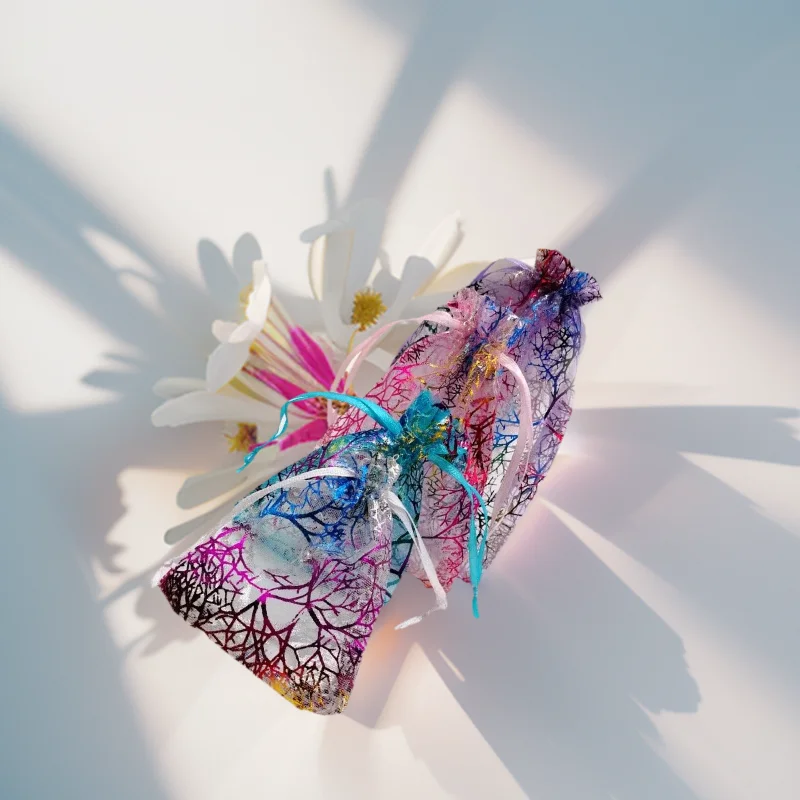 100pcs Christmas Organza Pouch Drawstring Coral Gift Bag Wedding Party Sachet Packaging Birthday Jewelry Display Wholesale Mini