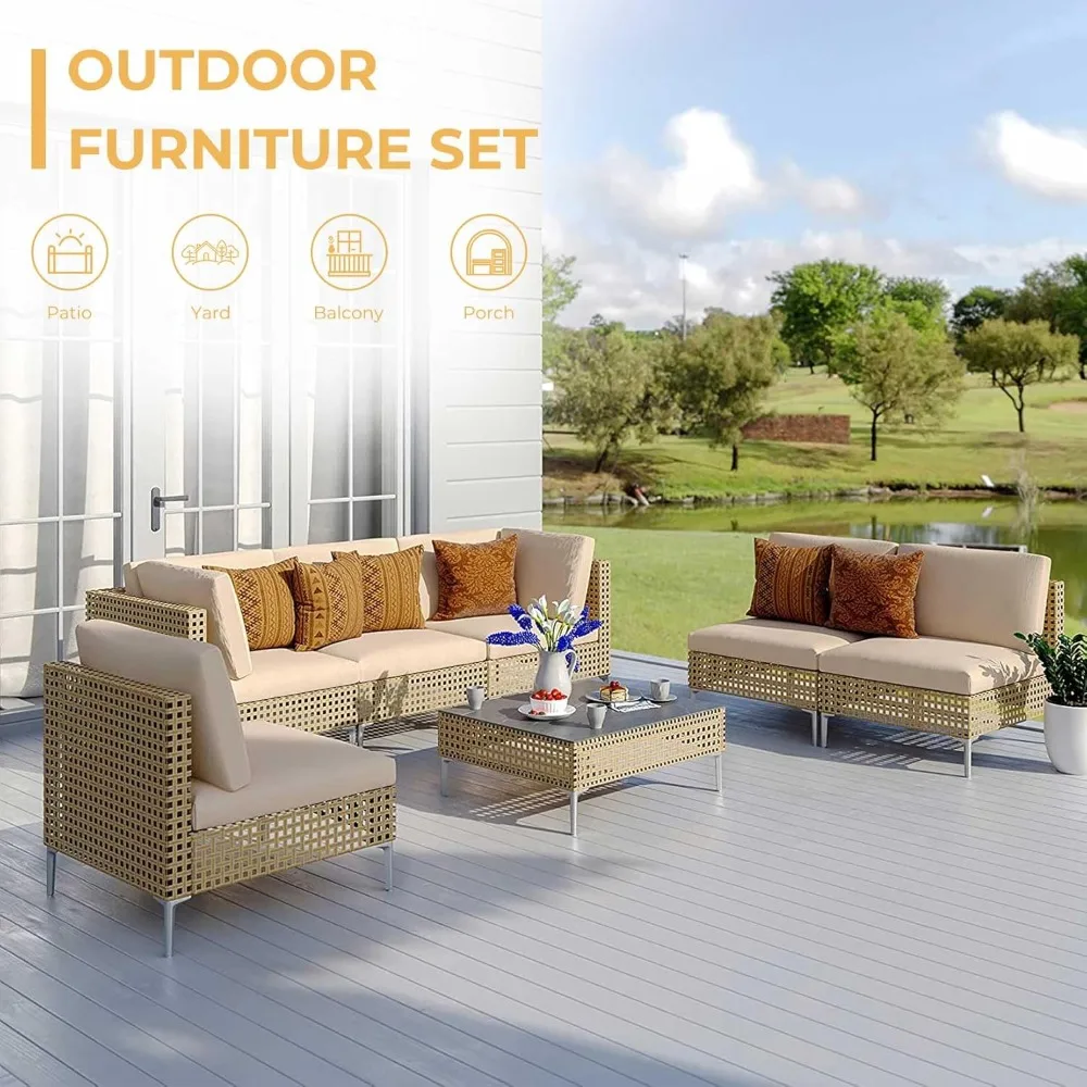 7-Piece Wicker Patio Furniture Set, Boho Outdoor Conversation Set Sectional Sofa with Water Resistant Thick Cushions