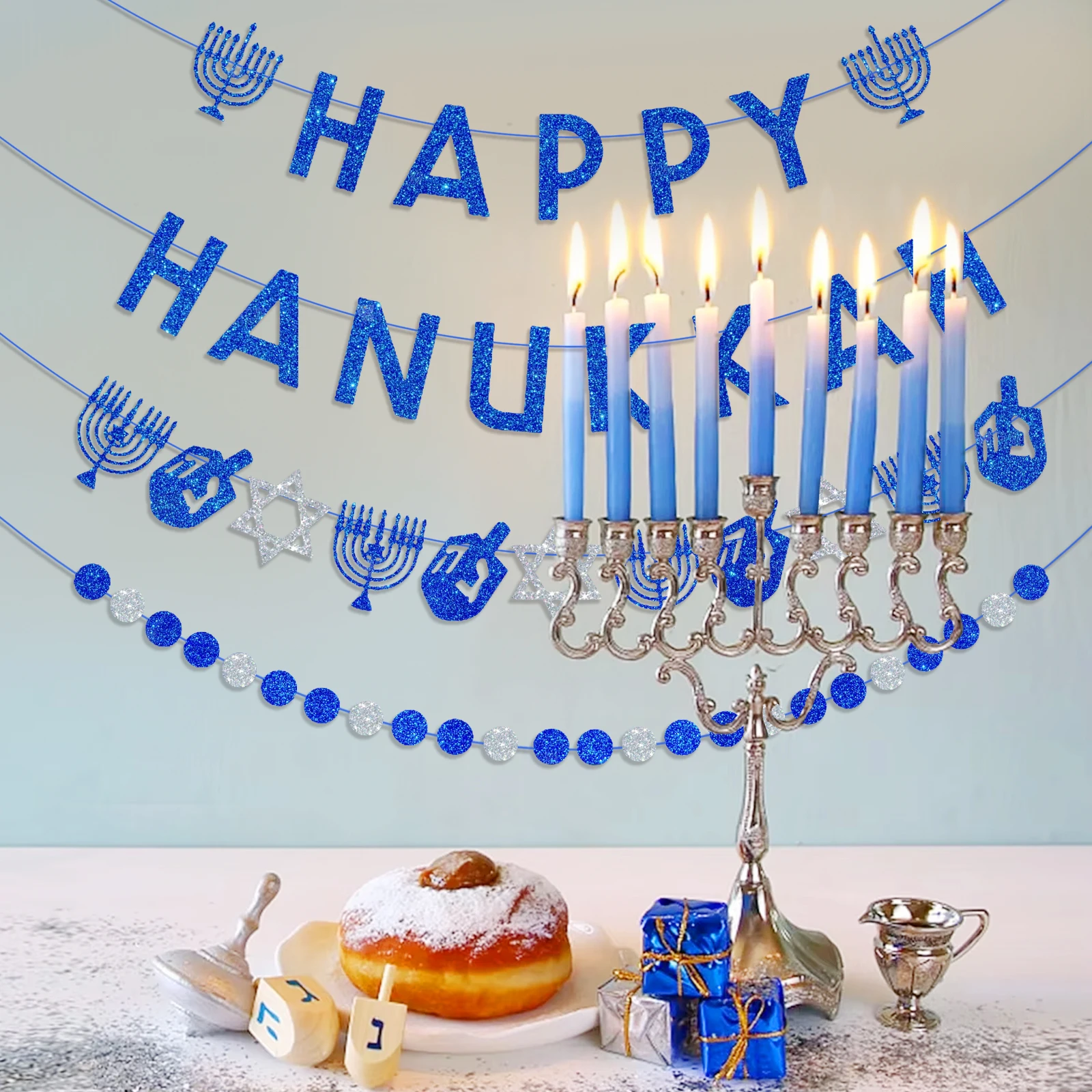 لافتة Happy Hanukkah and Garland Glitter Hanukkah Party Banner لوازم للمنزل والمكتب والديكورات الداخلية والخارجية