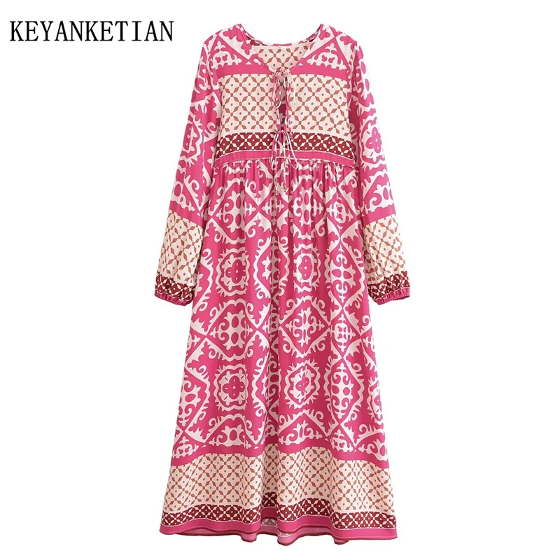 

KEYANKETIAN 2022, осеннее новое платье миди в богемном стиле с принтом, женское вискозное платье трапециевидной формы на шнуровке с круглым вырезом