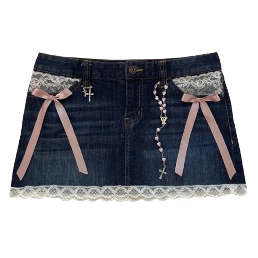 New Gothic Harajuku Y2K Black Skirt Sexy Girl Retro Washed Rhinestone Sequin Baggy Denim Skirts High Waist Slim Jean Mini Skirt