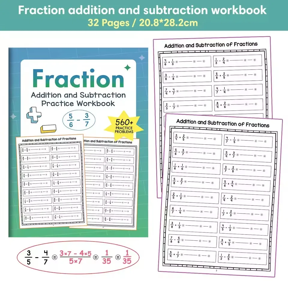 

560 Questions Fraction Math Workbook, Addition & Subtraction Practice, Step Decomposition Training for Learners