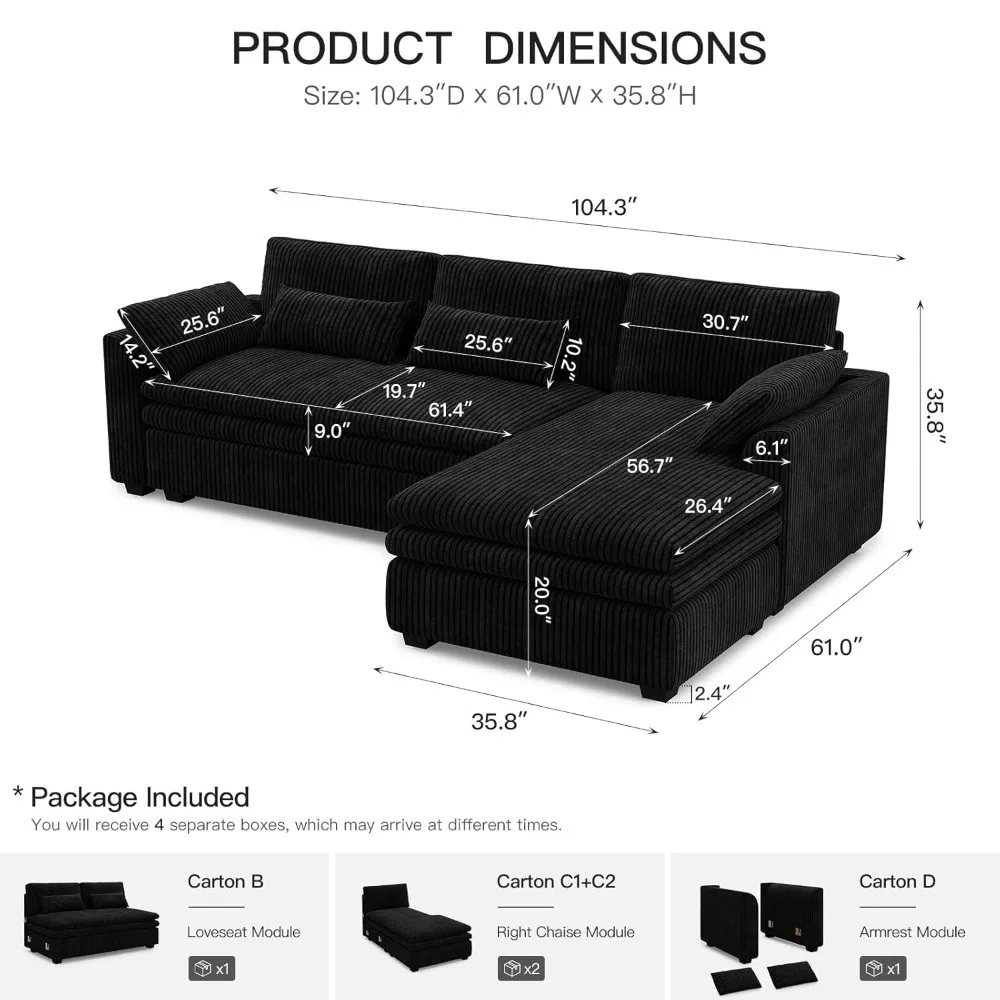 

Large Modular Sectional Sofa with Deep Chaise, 104" Corduroy L Shaped Couch with 9" Soft Dual-Layer Seats Cushion, Customized