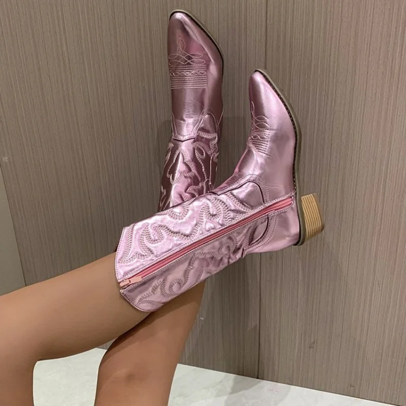 Botas vaqueras occidentales para mujer, zapatos metálicos brillantes bordados hasta la rodilla, Stiletto de punta estrecha, color rosa, envío directo