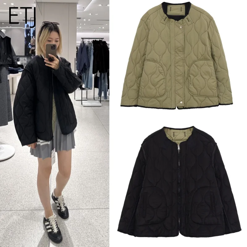 

ETJ 2025 Autumn/Winter women's new fashion retro round neck quilted two-sided jacket loose version cotton-padded coat