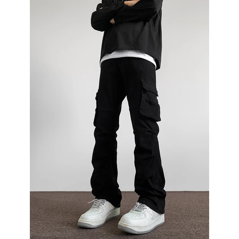 

Мужские рабочие брюки Bla в американском стиле High Street, однотонные, с множеством карманов, зауженные, слегка расклешенные, модные, Cleanfit