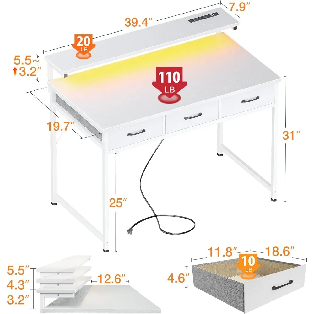 40 Inch Small Computer Desk with 3 Drawers and USB Power Socket, Home Desk with LED Light and Monitor Stand, White