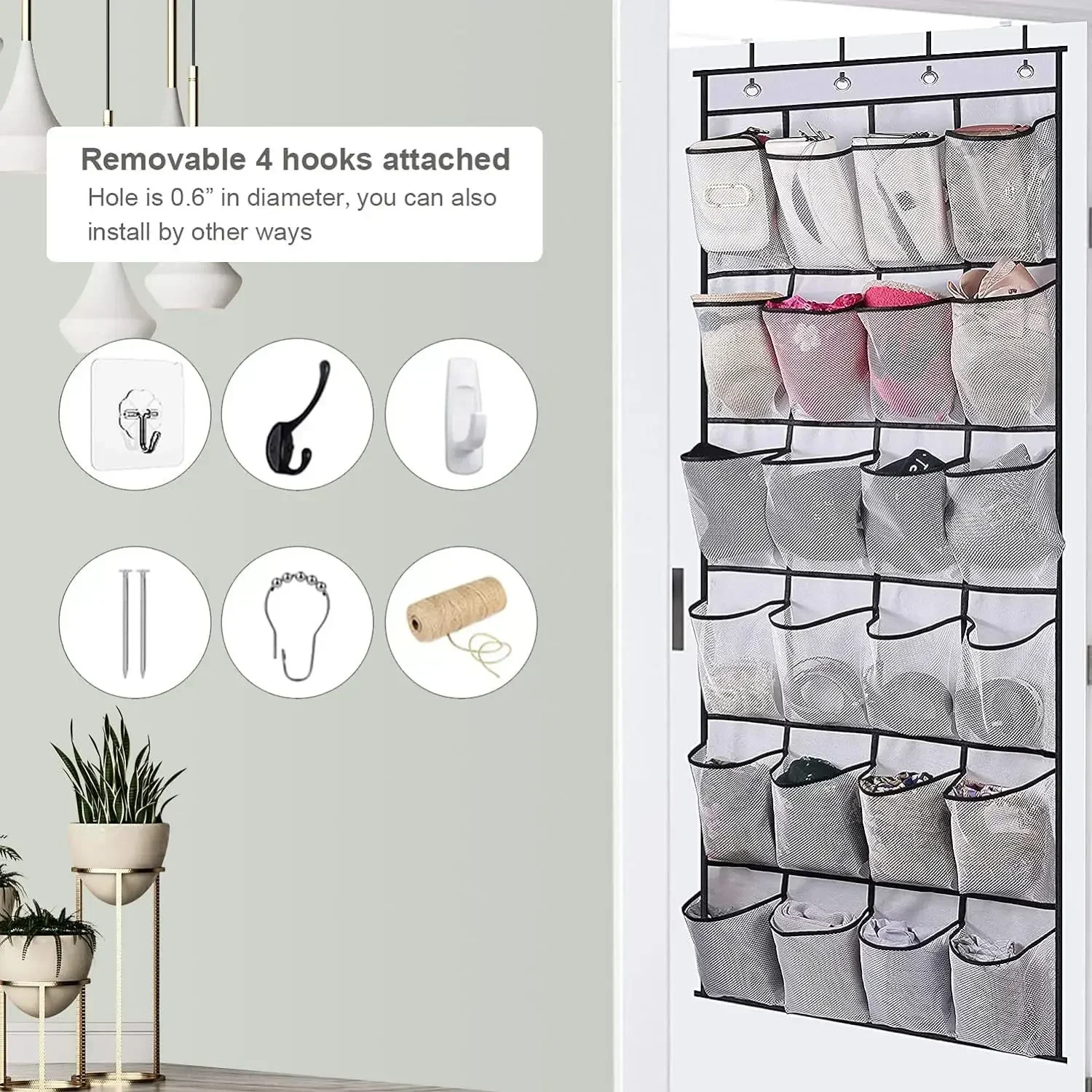 24 Pockets Over the Door Shoe Organizer Large Mesh With 4 Hooks Fabric Rack Storage Bag For Bedroom - view 4