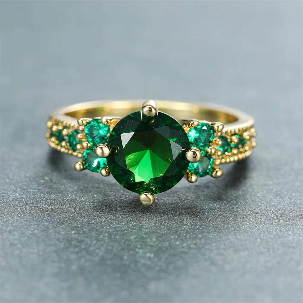 Classic Round Green Crystal Rings For Women Vintage Gold Color May Birthstone Wedding Band Engagement Jewelry Mother's Day Gifts