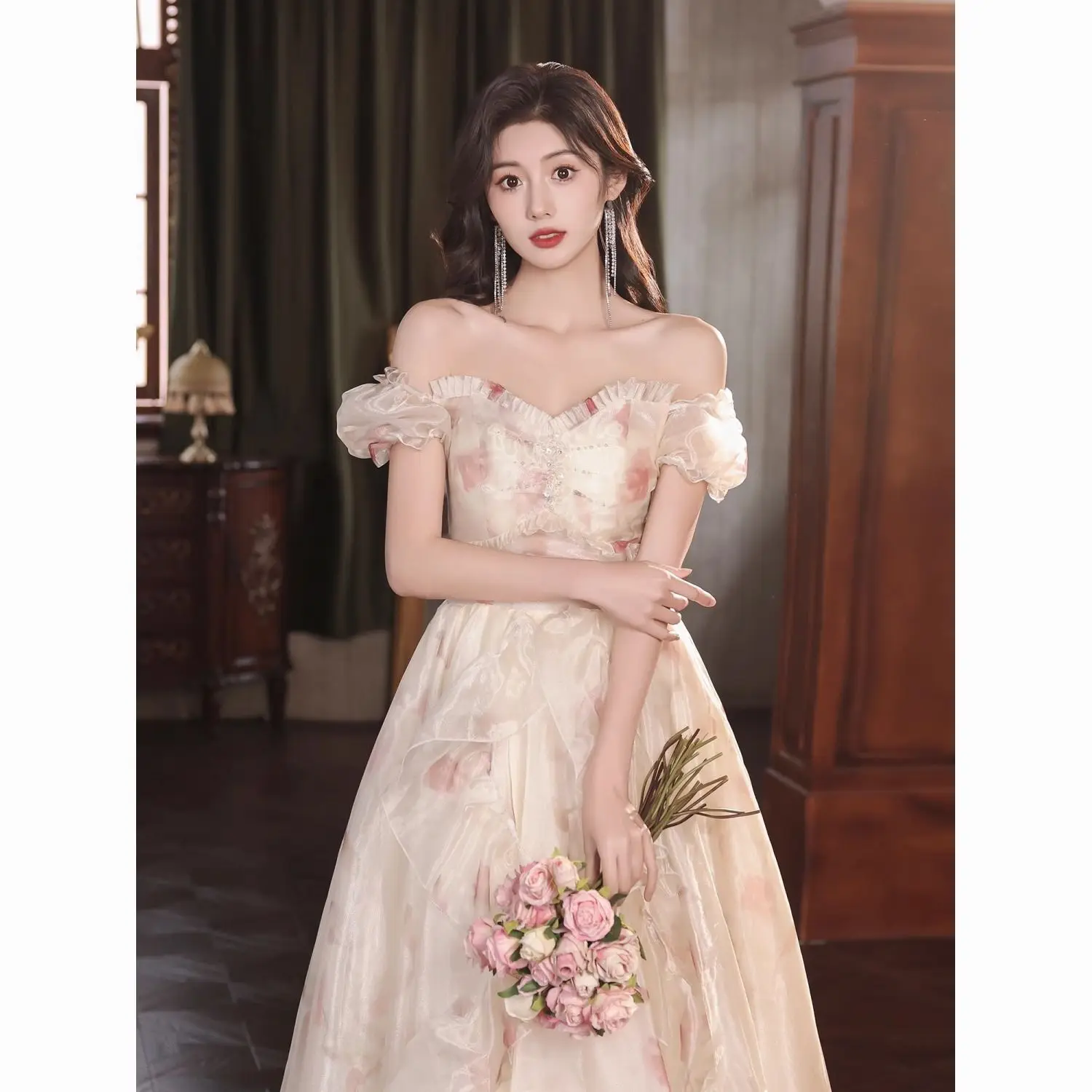 Champagne Color Evening Gown Women's Faionable Puffy Princ Skirt High School Student Adult Ceremony Ele Sle ort ...