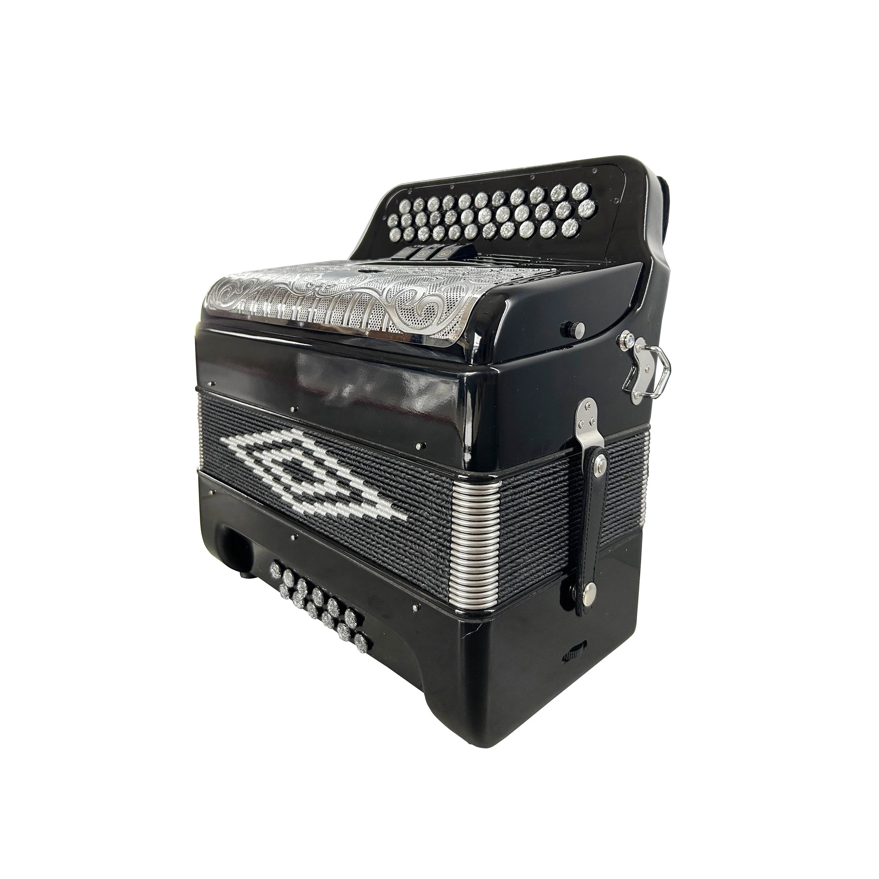 Professional 34-Button 12-Bass 3-Registers Diatonic Accordion Bright Black Wood Body With Silver Grill Buttons Acordeon