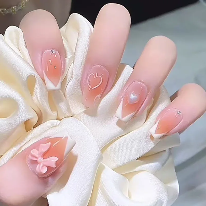 

24Pcs Mid-length French Ballet Fake Nails 3D Flower Love Heart Press on False Nails Rhinestone Detachable Full Cover Nails Tips