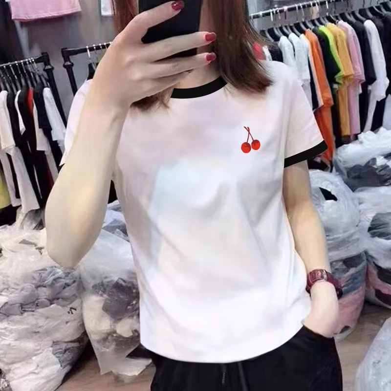 

Summer New Sle Women's Cotton T-irt Commute Casual Loose ort Sve round Ne Color Blo Print Top Versatile Arc Hem