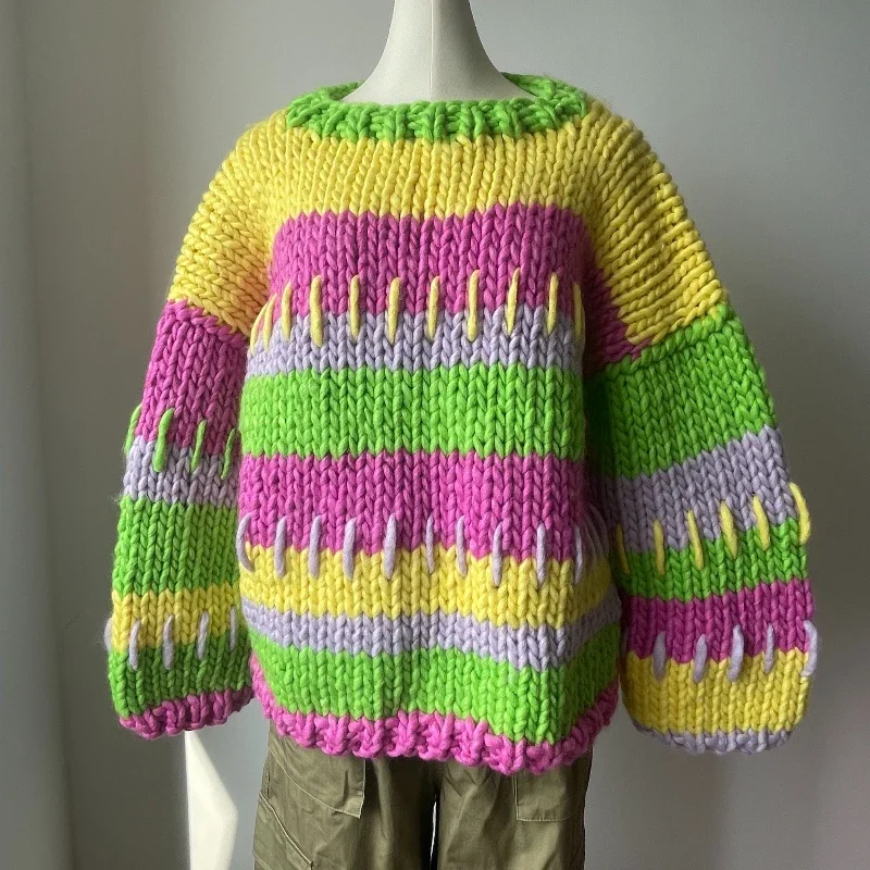 Thick Colorful Loose Fit Chunky Sweater 2023 Women Handmade Warm Pullover Winter Clothes