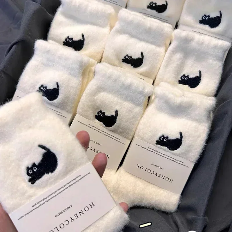 1/3Pairs Premium Feel Cute Cat Cozy Hairy Mink Velvet Socks Autumn Winter Hosiery Thickened Plush Warm Sleep Home Fluffy Socks