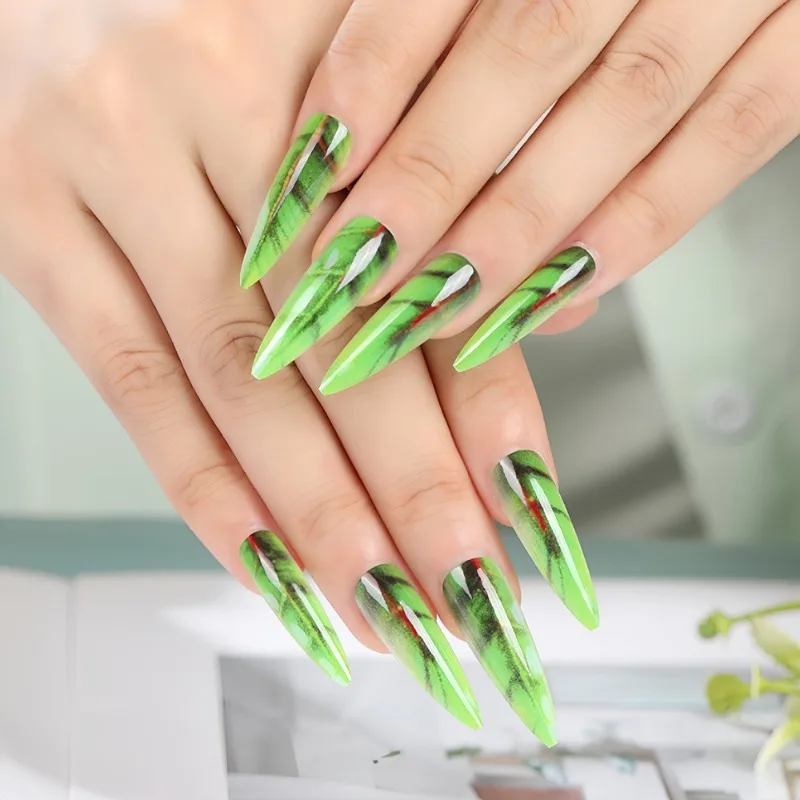 24 Pcs New False Nails for Girls Green Leaves Stiletto Cheap Press on Nails Acrylic with Glue Cute Long Fun Stick-on Nail Tip