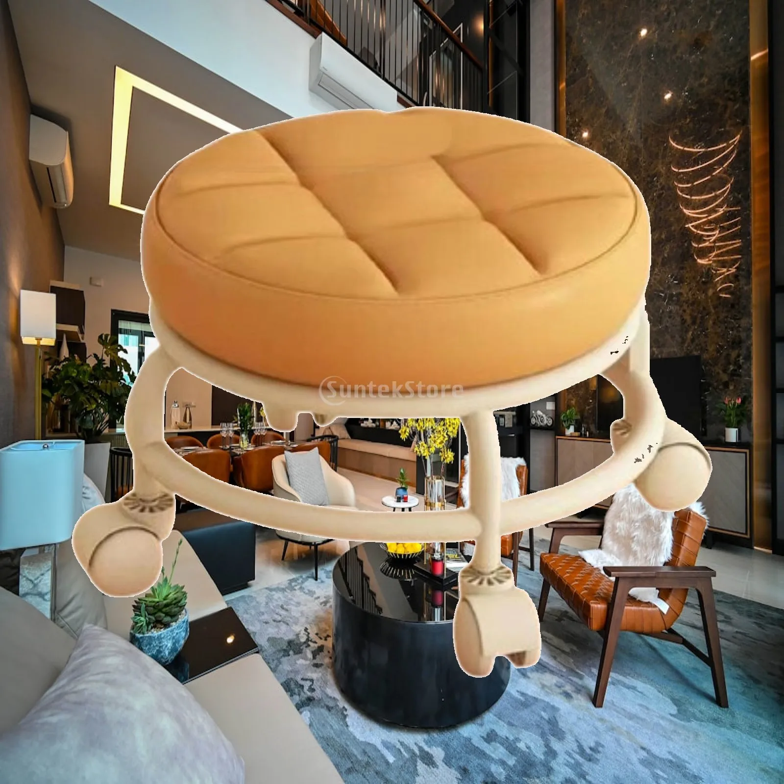 Universal Rolling Stool PU Leather Small Sofa Footstool Round Swivel Chair with Caster Wheels for Home Office