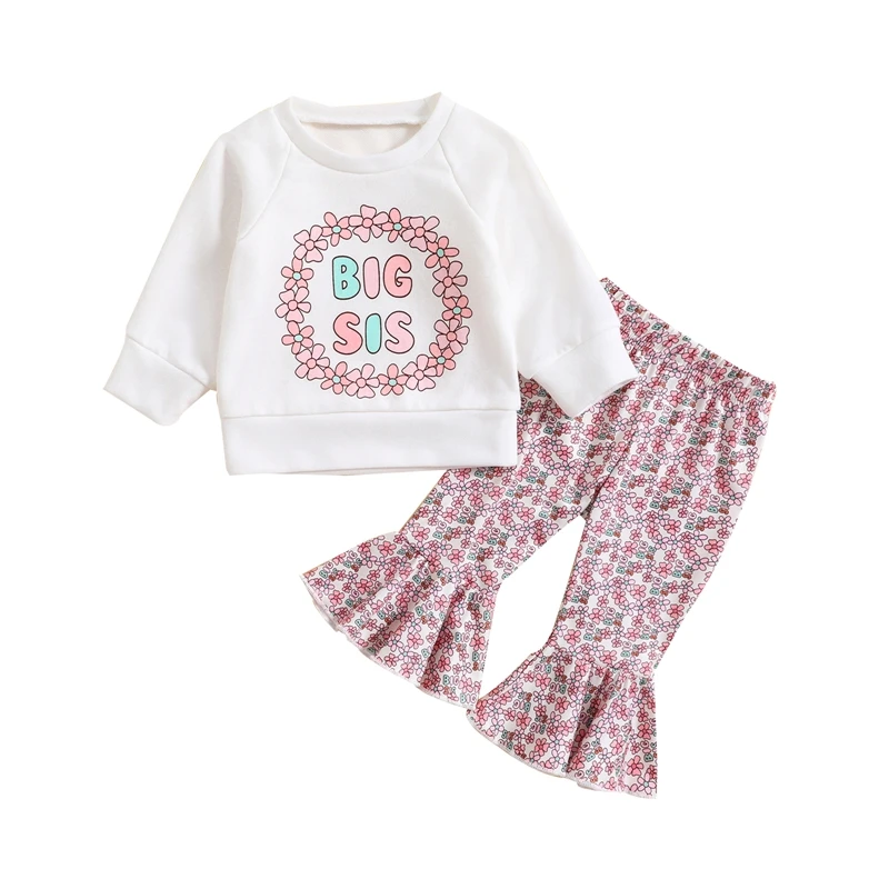 Sister Matching Toddler Girls Outfits Letter Print Long Sleeve Sweatshirts Floral Print Flare Pants 2Pcs Fall Clothes Set