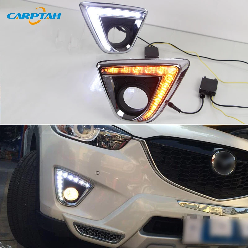 Car LED DRL 12V Daylights For Mazda CX-5 CX5 2012 2013 2014 Yellow Turn Signal Daytime Running Light Car Foglamp