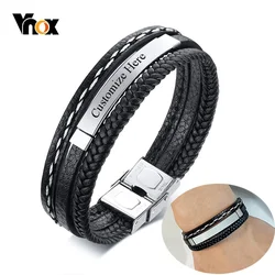 Vnox özel Logo adı alıntı kazımayı çok katmanlı deri bilezikler erkekler için paslanmaz çelik kimlik bileklik kişiselleştirin baba baba hediye
