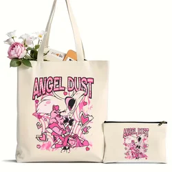 2Pcs Hotel Angel Dust And Fat Nugget Pattern Tote Bag, Canvas Shoulder Bag For Travel Daily Commuting, Reusable Shopping Bag