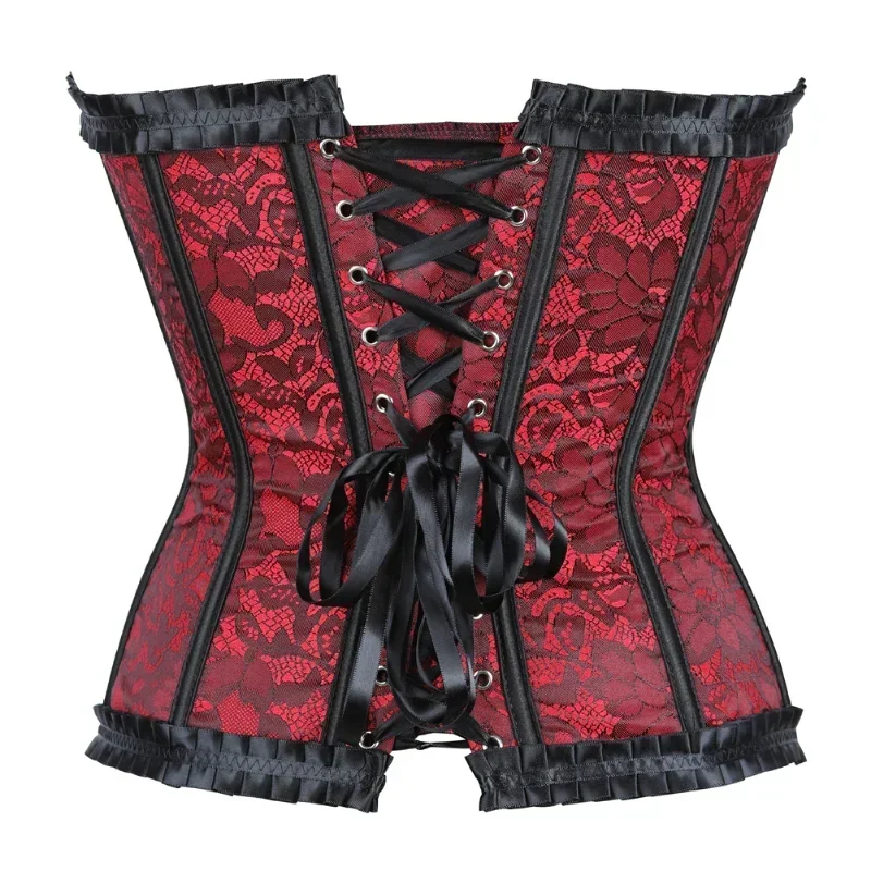 Vintage Jacquard Corset with Ruffled Trim Women Sexy Lace Up Overbust Bustier Tops Slimming Body Shaperwear