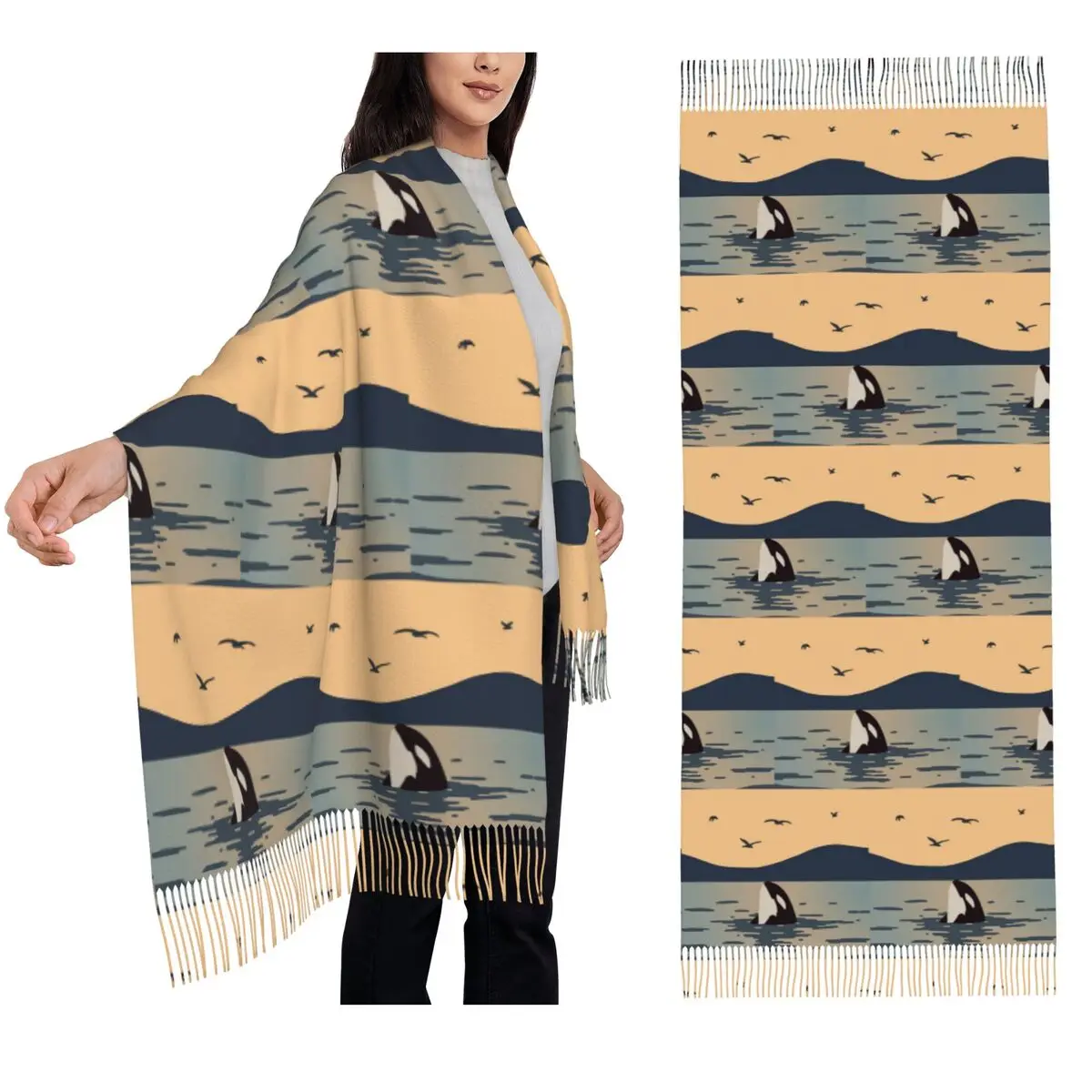 

Шарф Killer Whale Orca, шарфы с кисточками для женщин, мягкие теплые шали и накидки, большая осенне-зимняя шаль