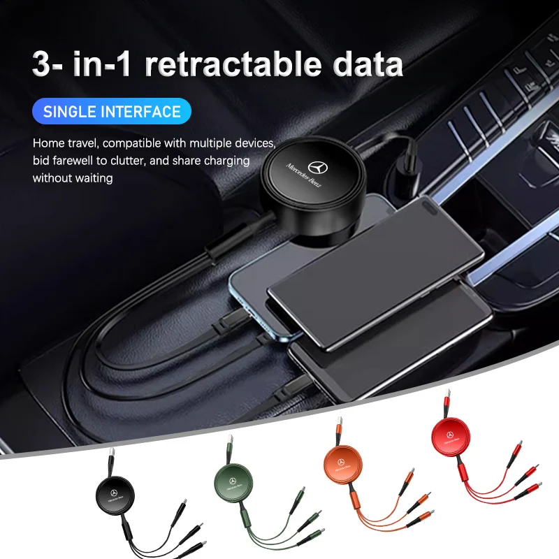 Retractable 3 In 1 Usb Cable for iPhone & Micro USB & Type C For Mercedes Benz W211 W124 W176 W177 C180 C200 C260 C300 GLC CLE