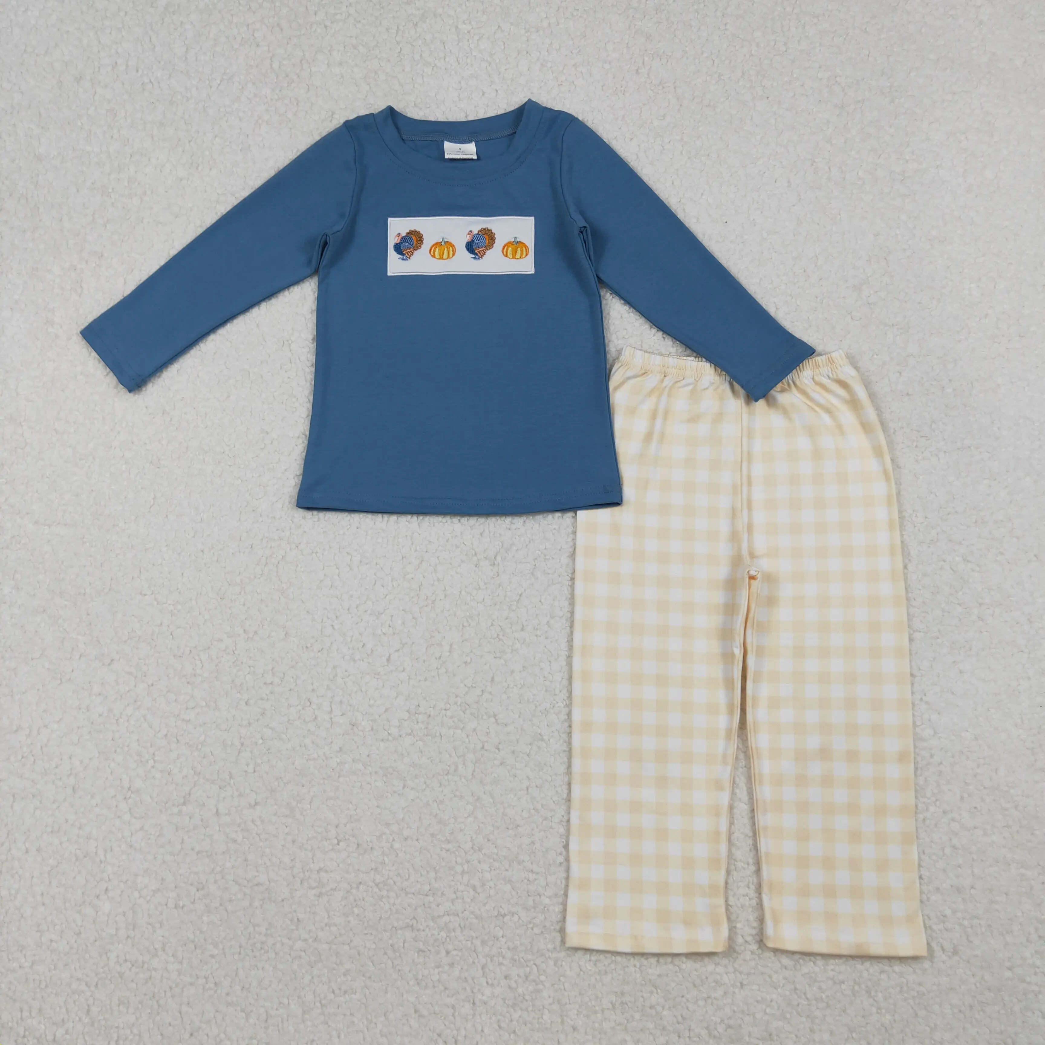 

X10.13 Long Sleeve Plaid Pants Set Girls Clothing Wholesale Embroidered Turkey Pumpkin Blue
