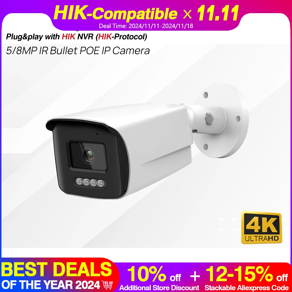 Hikvision Protocol 8MP Bullet Camera 4K PoE IR Night Vision 2-Way Audio Built-in Mic Speaker Human Vehicle Detect Surveillance