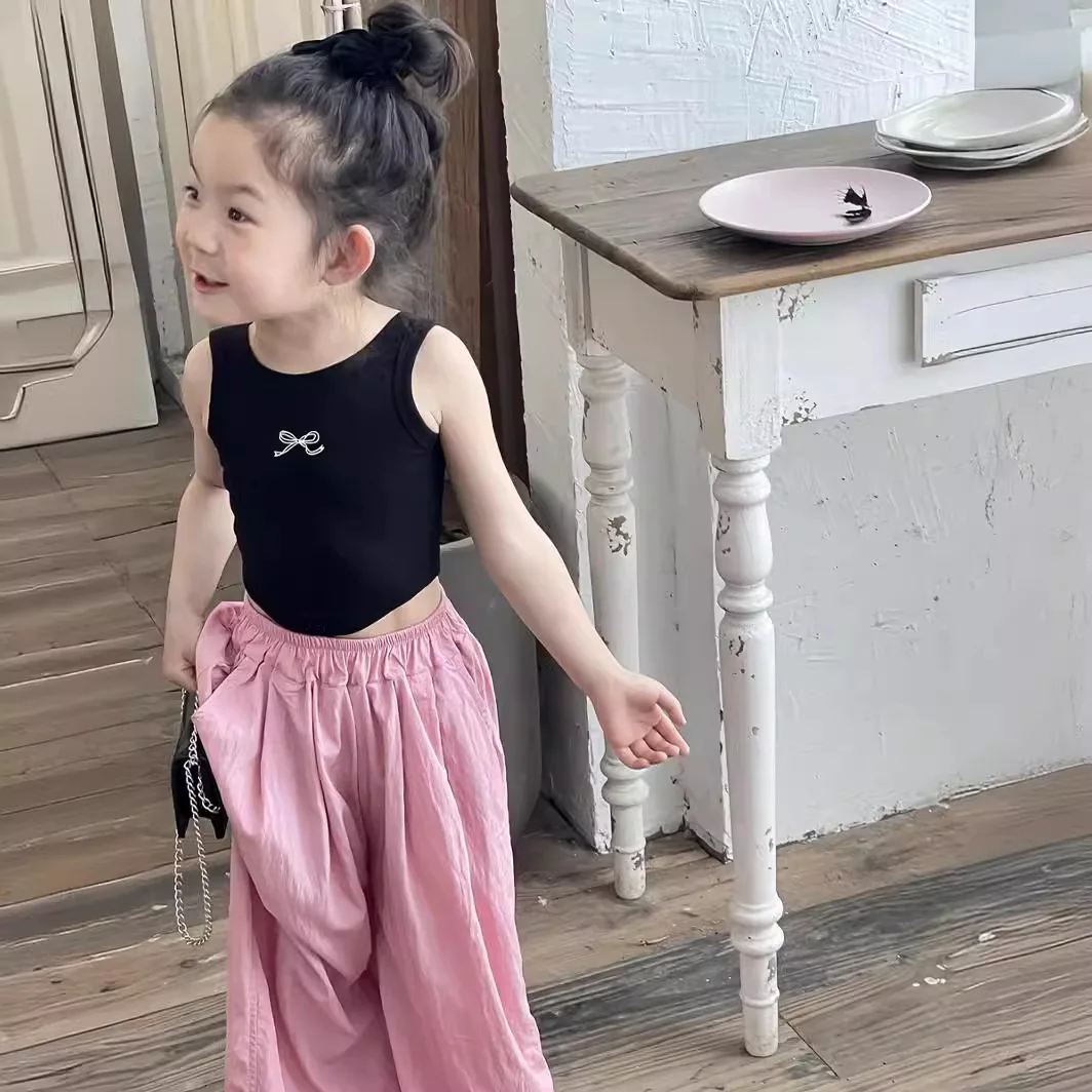 Girls Sleeveless T-shirts 2024 Summer New Children Wear Girl Backless Small Strap Tank Top Children Baby Bow U-neck Vest Top