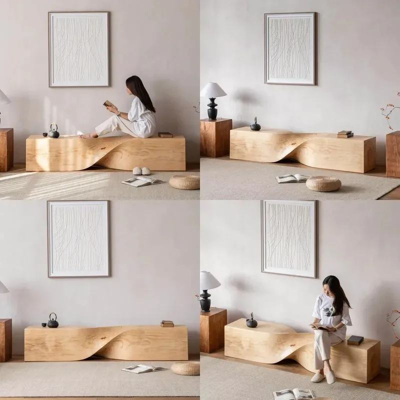 Log art wabi sabi bench TV cabinet shoe changing stool solid wood natural material bedroom apartment mall hotel