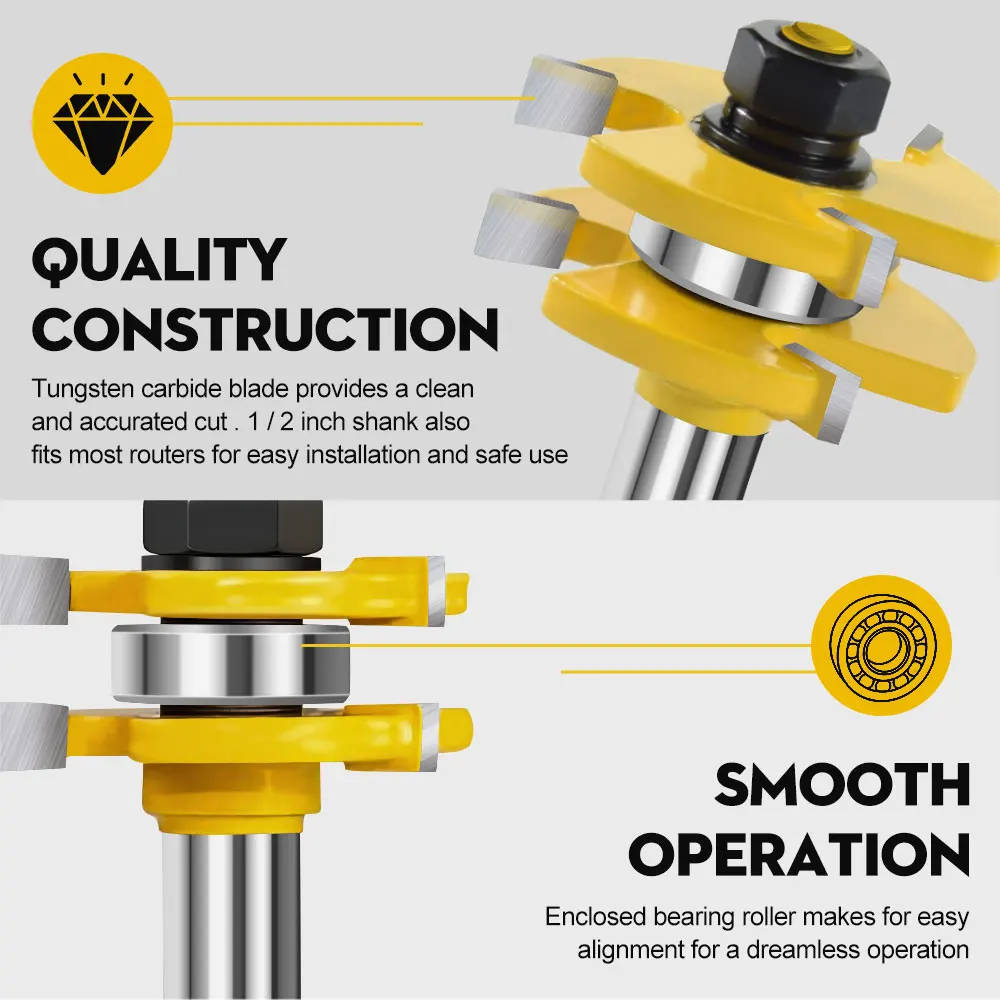 2PCS Milling Cutter 6mm 1/4'' 8mm 1/2'' Shank T Slot Joint Router Bit 3 Flute Tongue And Groove Router Bit Set For Woodworking