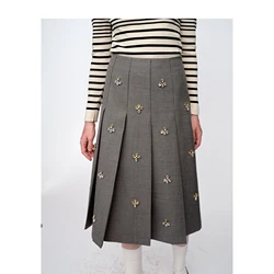 Hand-Beaded Design Half Skirt 2024 College Ethos Pleated A-Line Pleated Skirt High-Waisted Slim-Fit Umbrella Skirt for Ladies