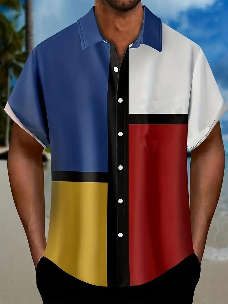 

Гавайская мужская рубашка 2025 года, пляжная рубашка с нерегулярным геометрическим рисунком, мужская рубашка на пуговицах, праздничная рубашка больших размеров, свободные рубашки с коротким рукавом