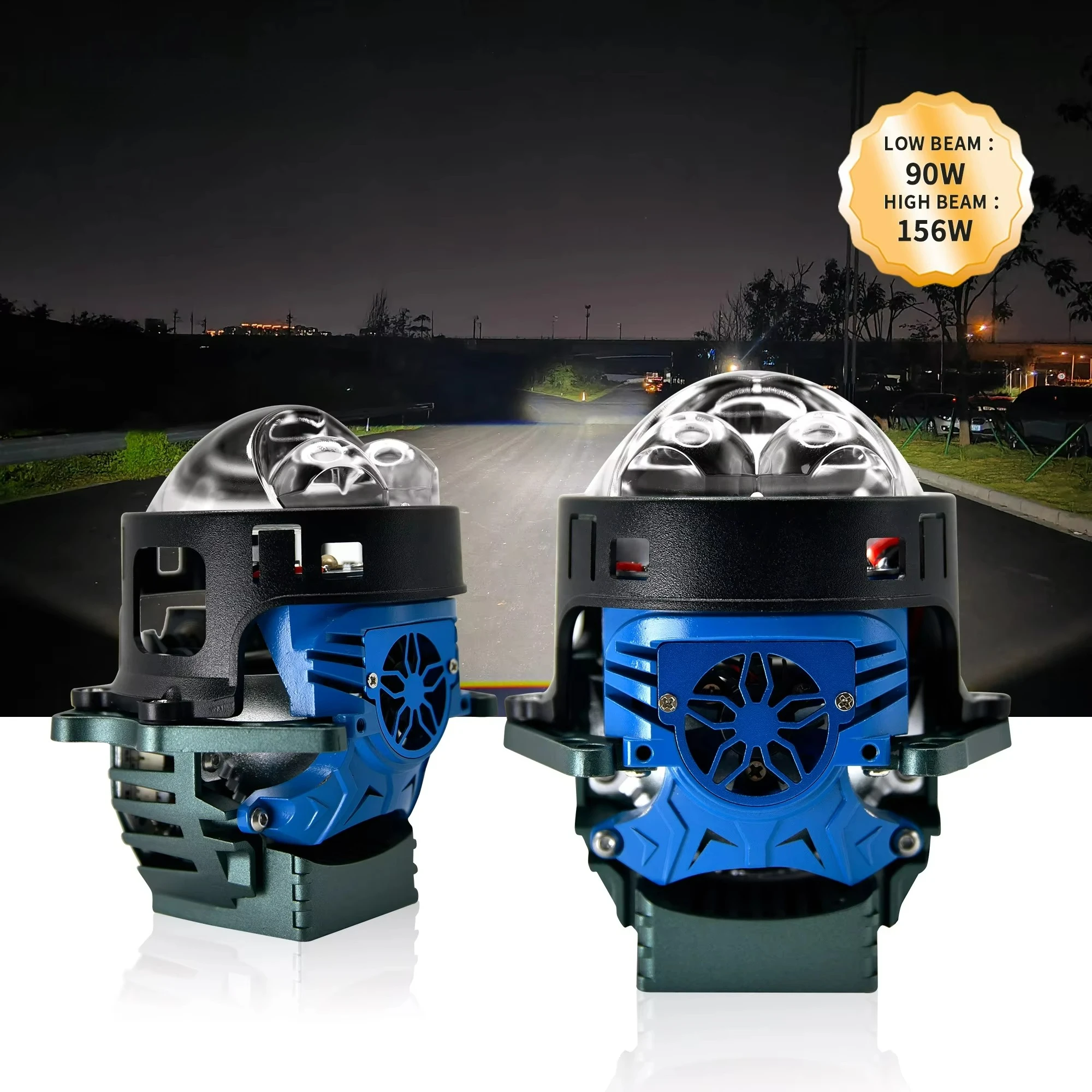 High/Low beam 156W/90W dual LED projector lens, oval optical shape, dual laser fan, ultra-bright RHD LHD flat LED headlight