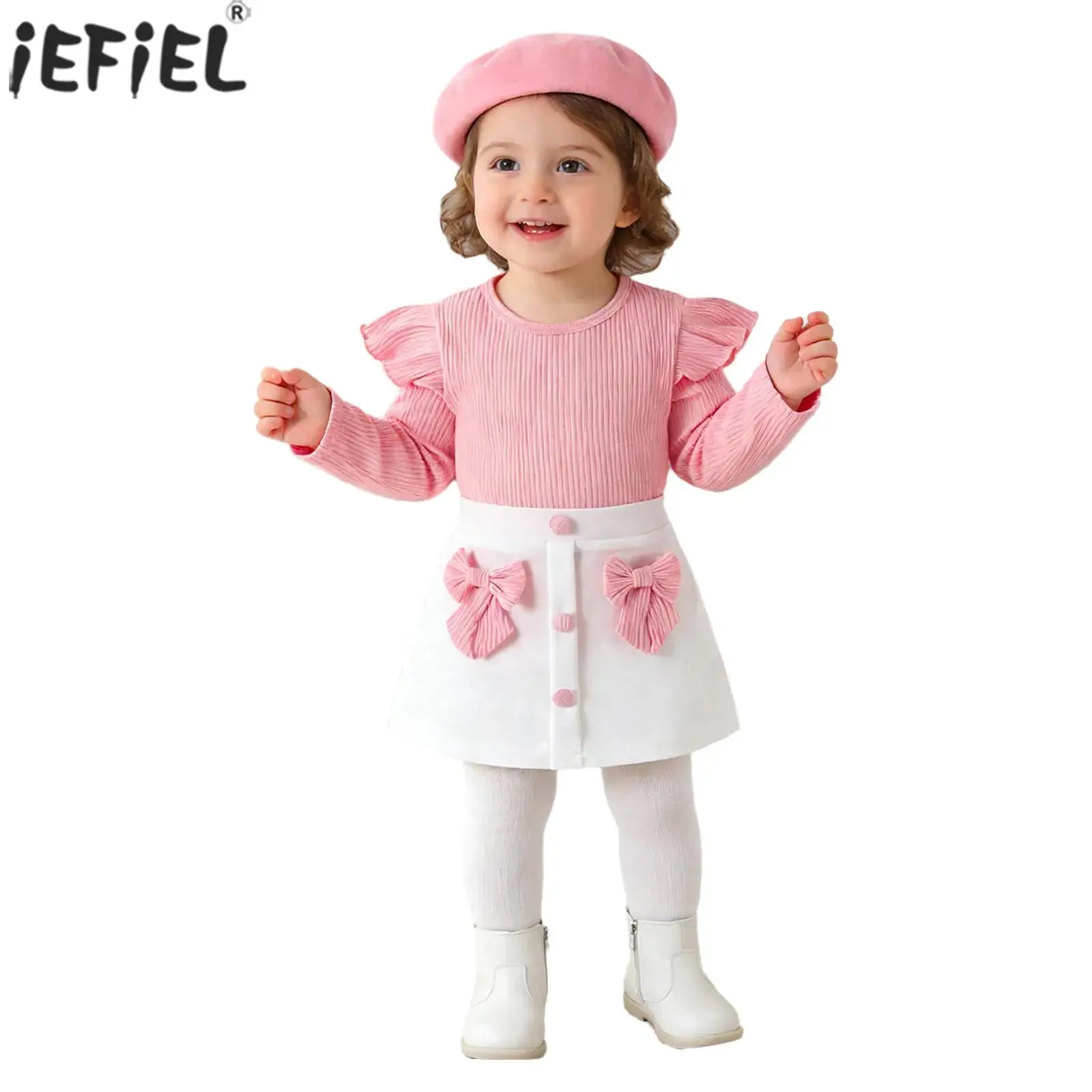 

Baby Girls Clothes 3-Piece Fall Outfit Ruffles Long Sleeves Ribbed Top with Bowknot Skirt And Hat for Wedding Birthday Party